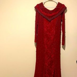 Burgundy, beaded off shoulder dress. Worn once to a wedding.
